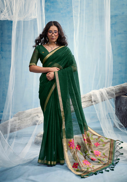 Green Munga Silk Ready To Wear/Easy Saree