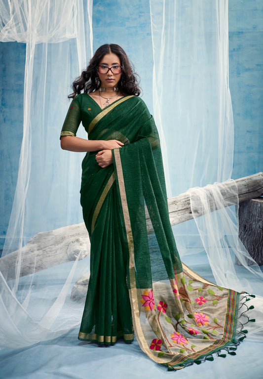 Green Munga Silk Ready To Wear/Easy Saree