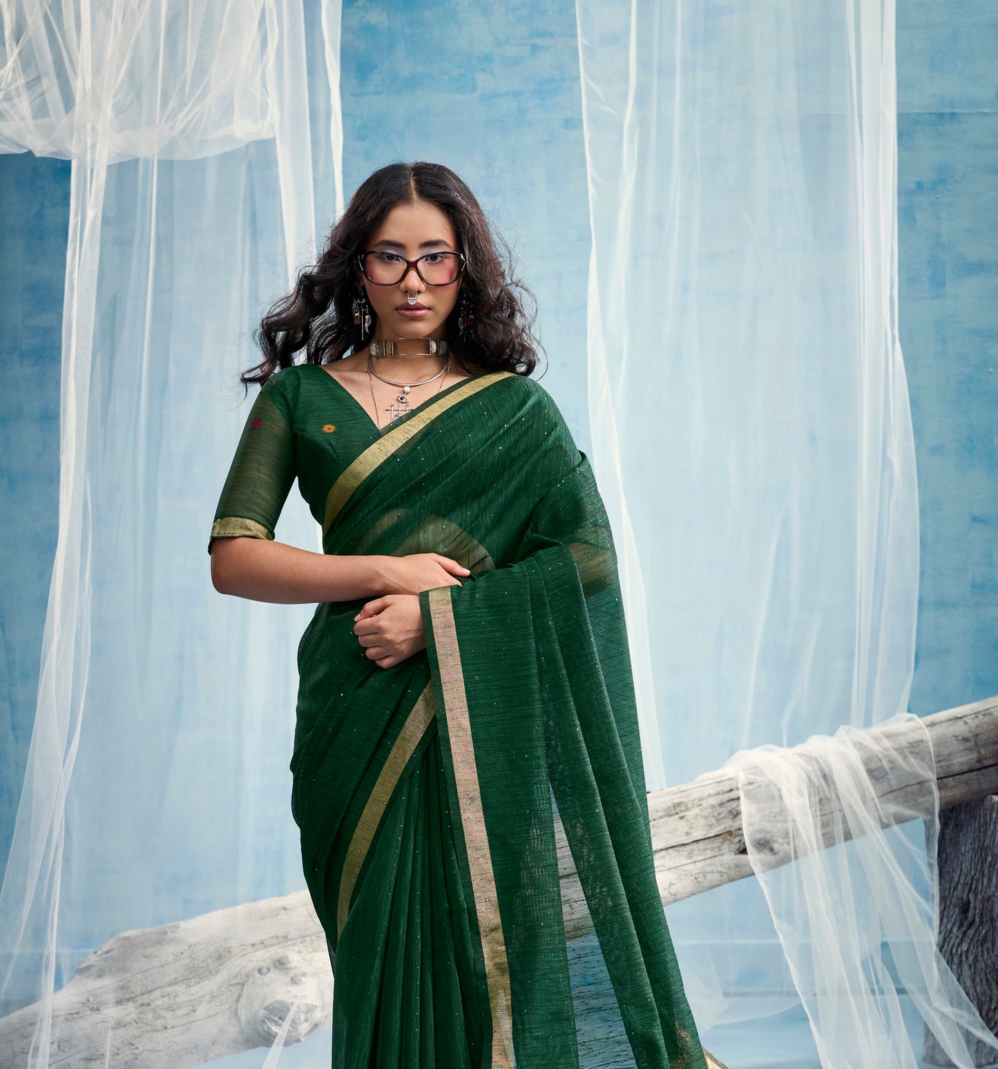 Green Munga Silk Ready To Wear/Easy Saree