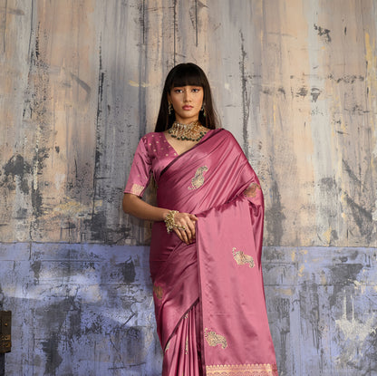 Rose Pink Satin Silk Readymade/Easy Saree - Panaash Saree