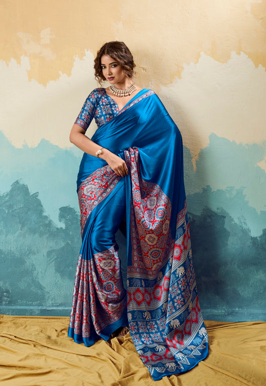 Blue Crepe Silk Ready To Wear/Easy Saree - Panaash Saree