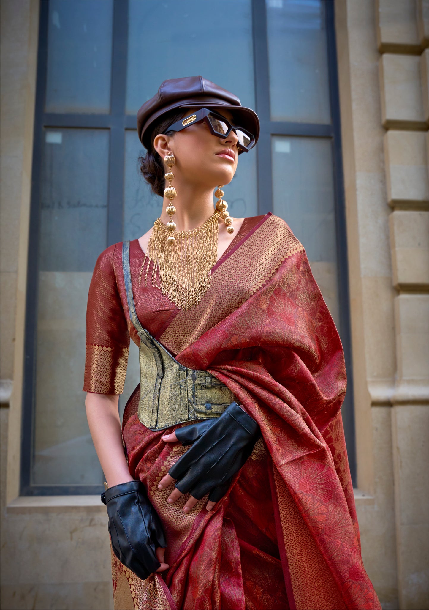 Rust Color Organza Readymade/Easy Saree