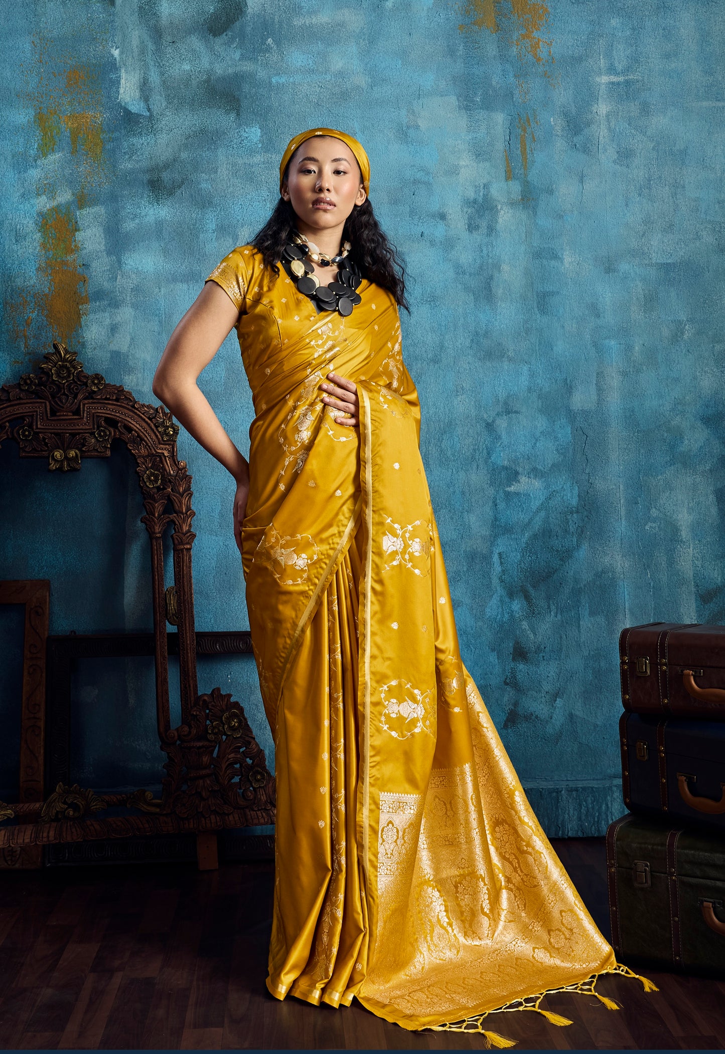 Mustard Yellow Satin Silk Ready To Wear/Easy Saree