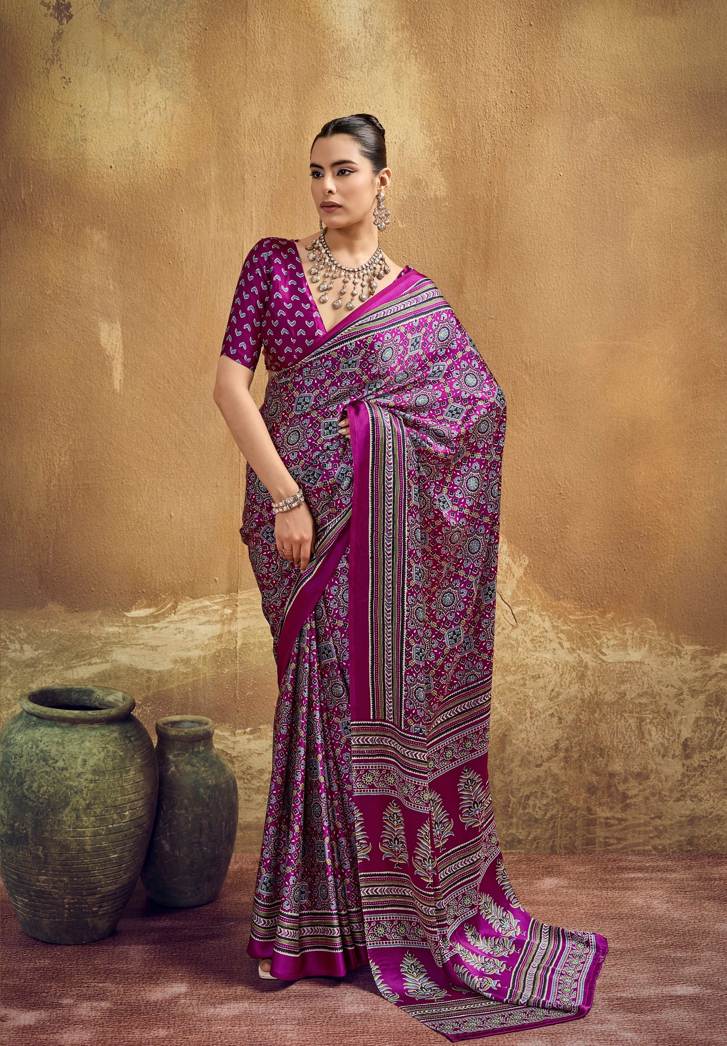 Magenta Modal Satin Ready To Wear/Easy Saree - Panaash Saree