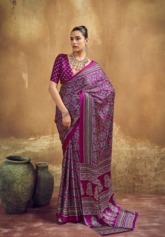 Magenta Modal Satin Ready To Wear/Easy Saree - Panaash Saree