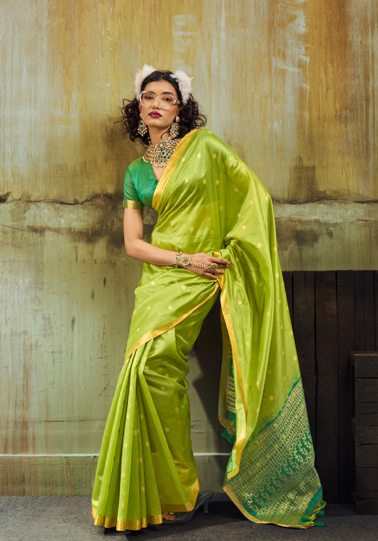Lime Green Munga Silk Ready To Wear/Easy Saree