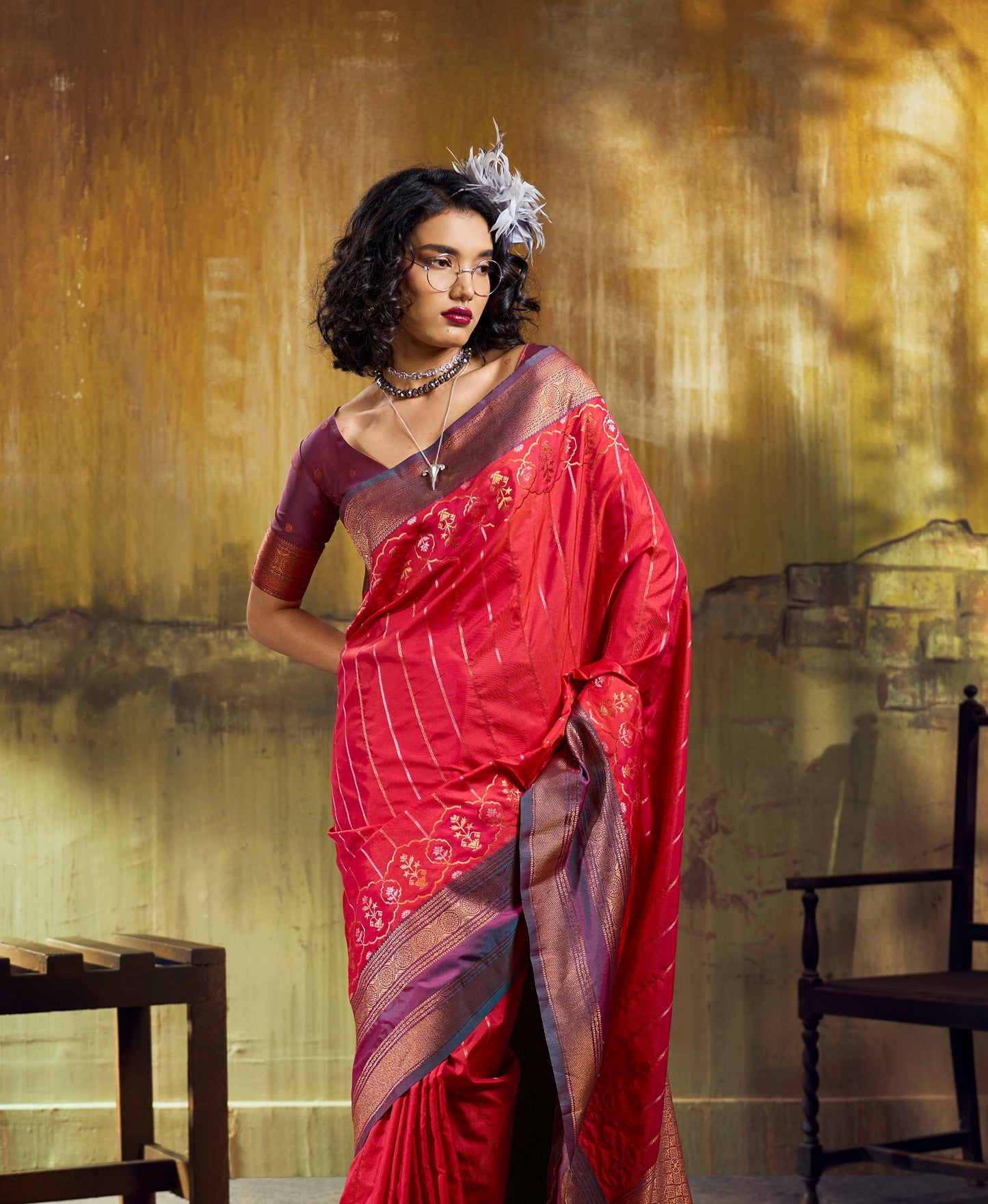 Ruby Pink Kanjivaram Silk Ready To Wear/Easy Saree