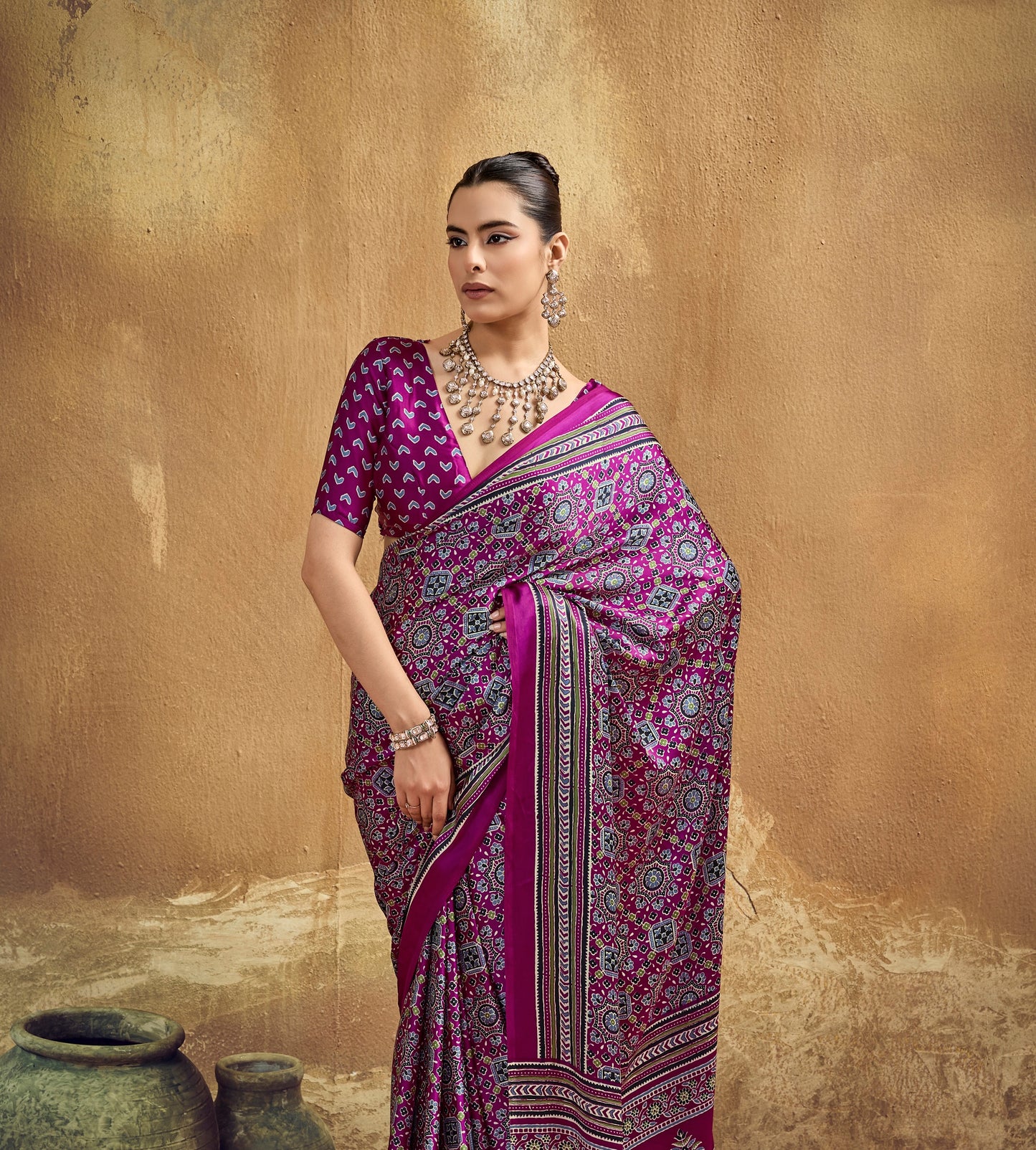 Magenta Modal Satin Ready To Wear/Easy Saree - Panaash Saree