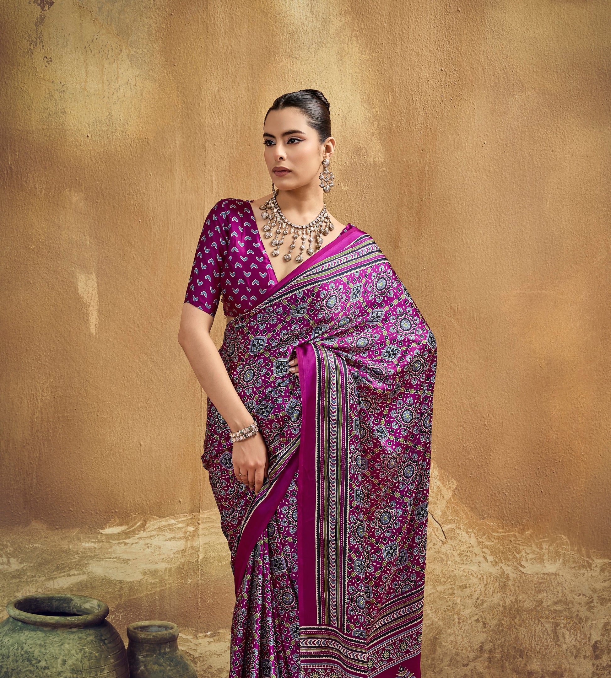Magenta Modal Satin Ready To Wear/Easy Saree - Panaash Saree