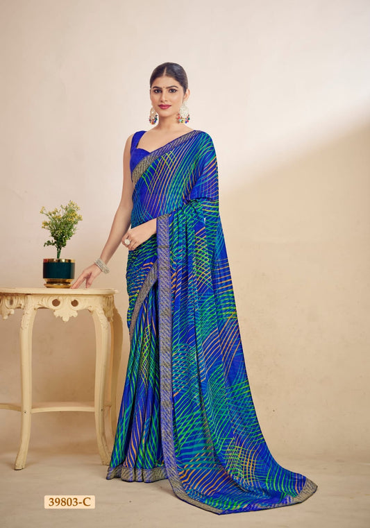 Blue Chiffon Casual Readymade/Easy Saree