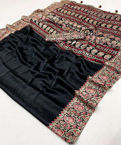 Black Readymade Crepe Ajrakh Silk Saree