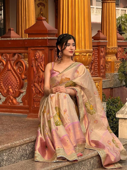 Beige Banarasi Ready To Wear/Easy Saree - Panaash Saree