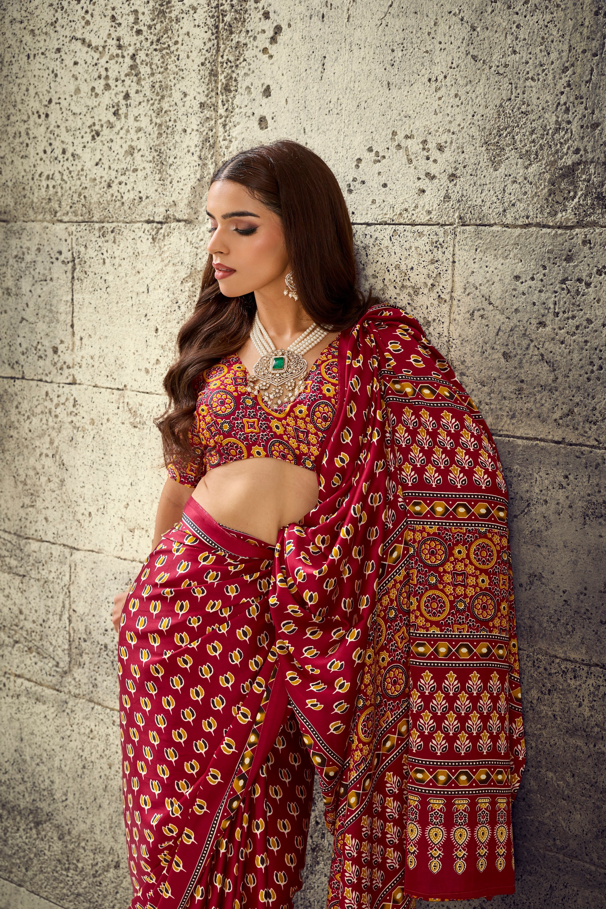 Red printed ready-to-wear saree with matching blouse, draped pallu