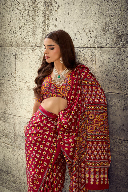Red printed ready-to-wear saree with matching blouse, draped pallu