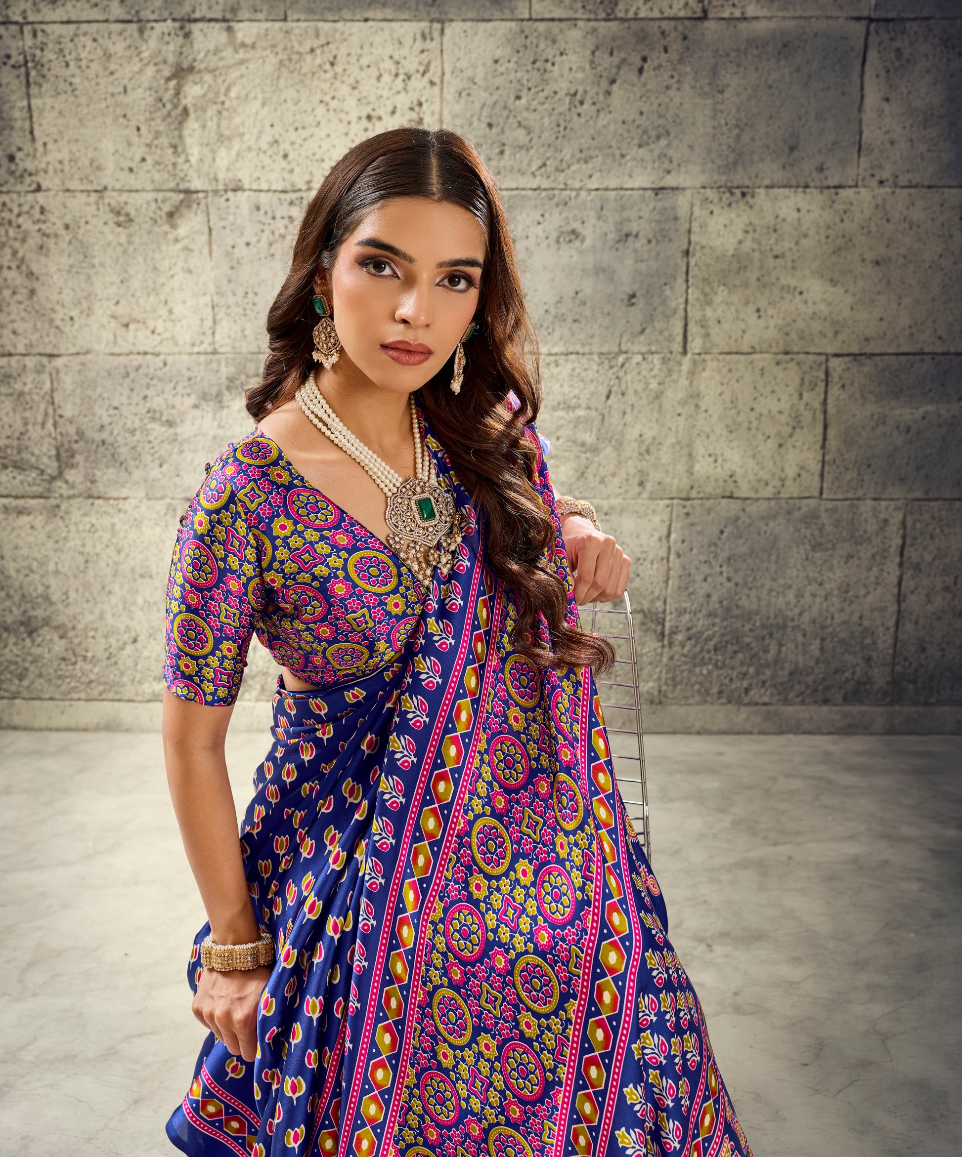 Cobalt blue modal silk ready-to-wear saree with multicolor paisley print and border