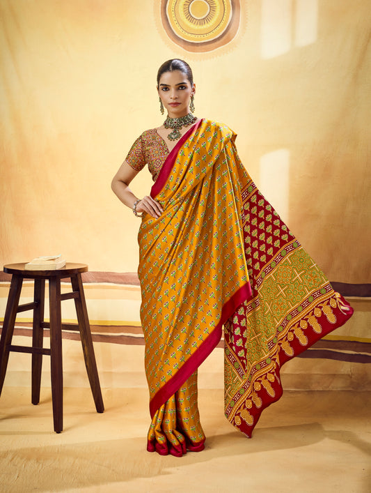 Mustard Yellow Modal Silk Ready To Wear/Easy Saree by Stylebypanaash 
