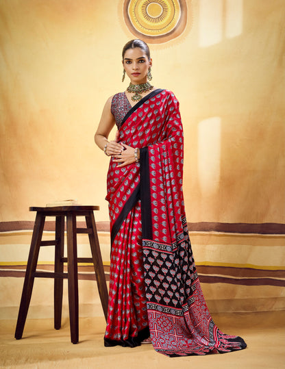 Red Modal Silk Ready To Wear/Easy Saree by Stylebypanaash 