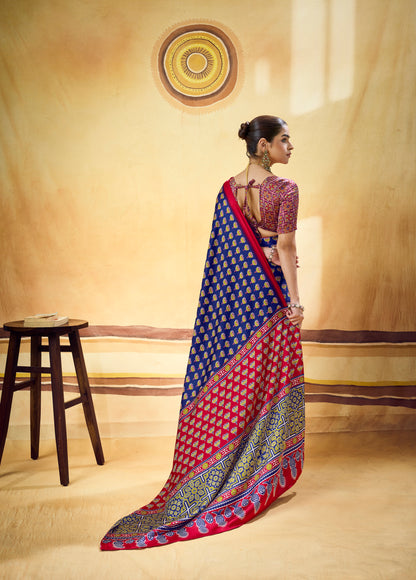 Navy Blue Modal Silk Ready To Wear/Easy Saree by Stylebypanaash 
