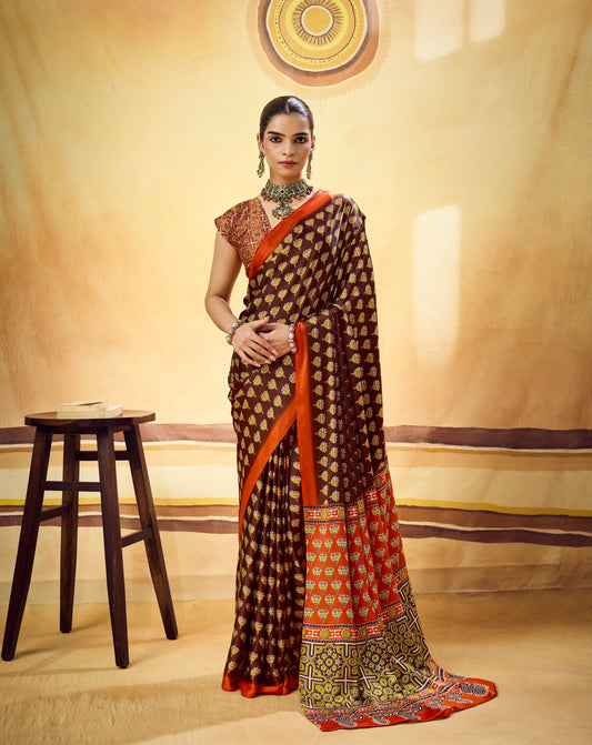 Brown Modal Silk Ready To Wear/Easy Saree by Stylebypanaash 