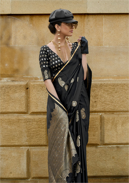 Black Satin Silk Readymade Saree