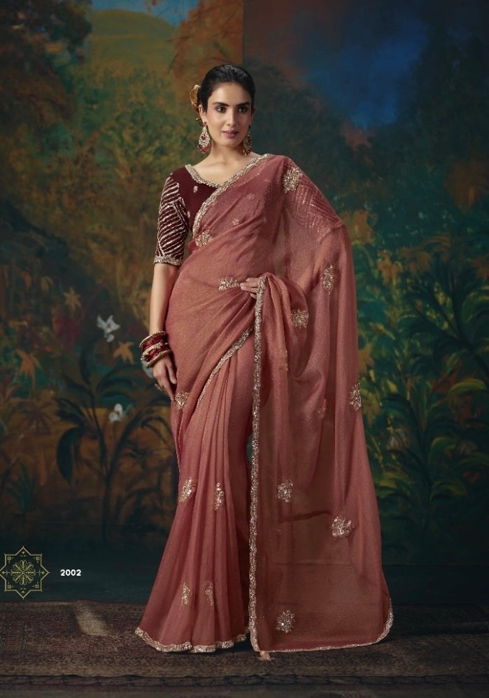 Dusty rose tissue silk ready-to-wear saree with embroidered trim and scattered floral motifs