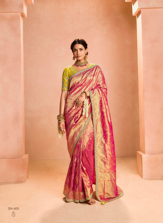 Pink Color Designer Kanjivaram Silk Readymade/Easy Saree With Desiger Blouse Piece