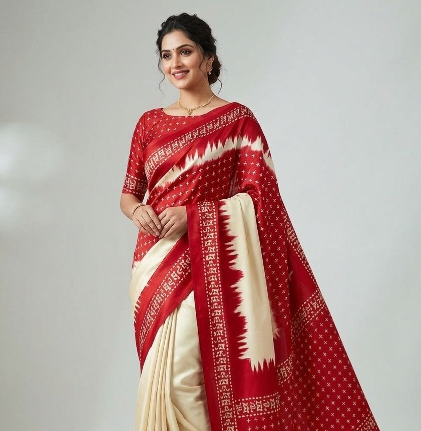 Cream Crepe Silk Ready To Wear/Easy Saree - Panaash Saree