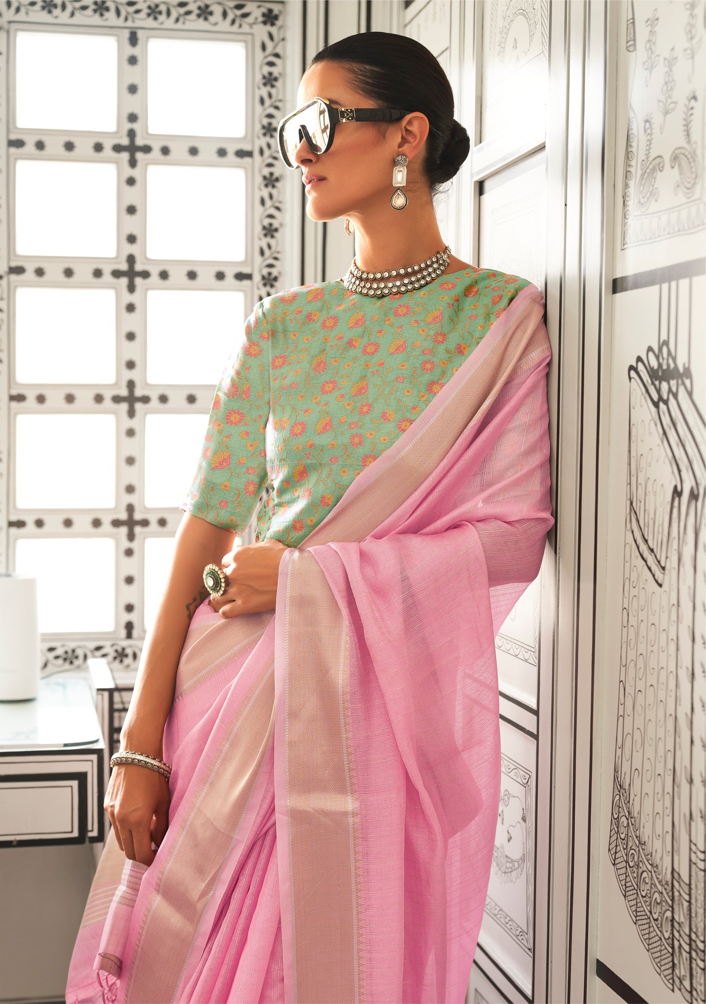 Baby Pink Color Silk Readymade/Easy Saree With Fancy Unstitched Blouse