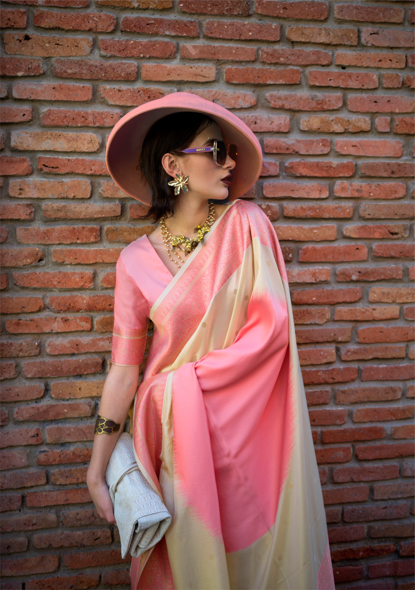 Off White & Pink Color Banarasi Silk Readymade/Easy Fancy Saree