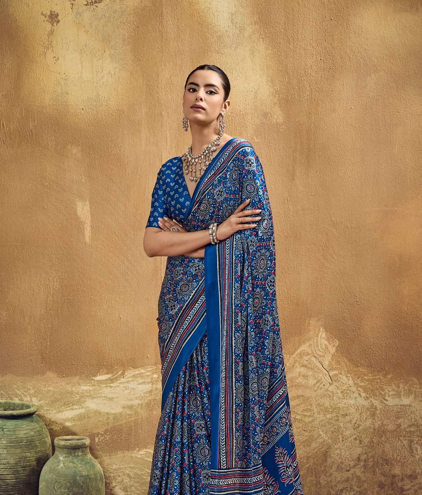 Dark Blue Modal Satin Ready To Wear/Easy Saree - Panaash Saree