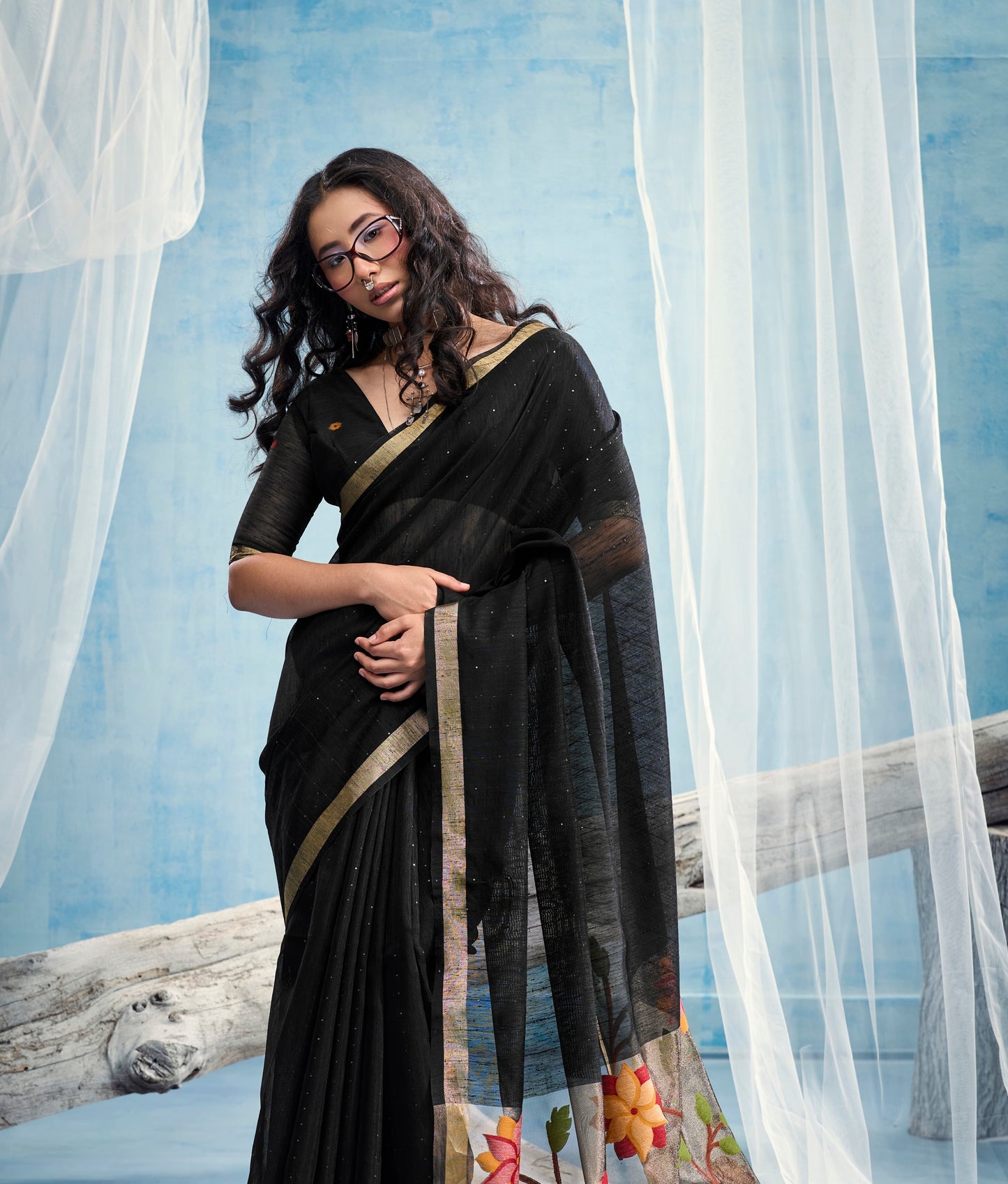 Black Munga Silk Ready To Wear/Easy Saree