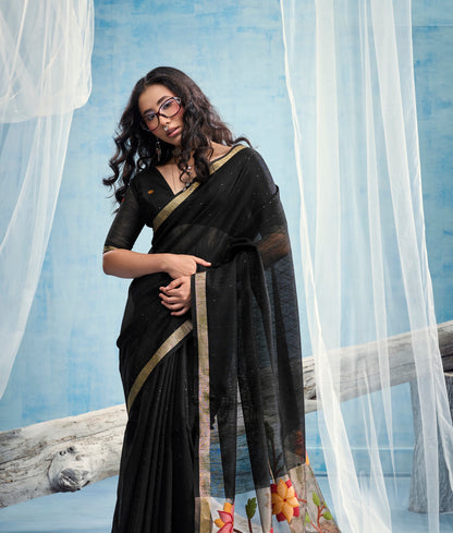 Black Munga Silk Ready To Wear/Easy Saree