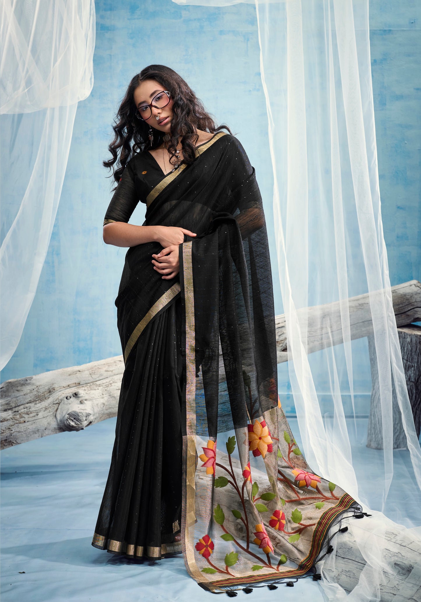 Black Munga Silk Ready To Wear/Easy Saree