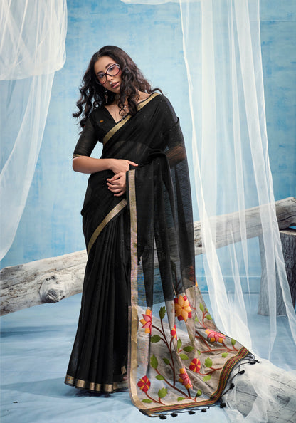 Black Munga Silk Ready To Wear/Easy Saree