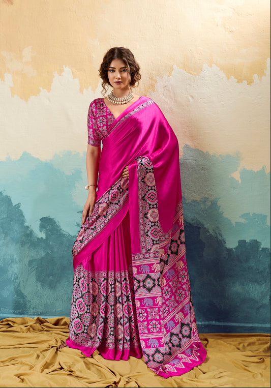 Pink Crepe Silk Ready To Wear/Easy Saree - Panaash Saree
