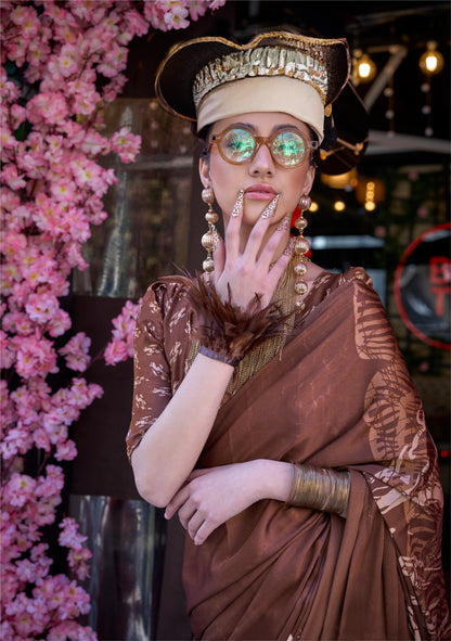 Brown Crepe Silk Casual Readymade/Easy Saree
