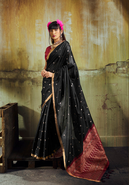 Black Munga Silk Ready To Wear/Easy Saree