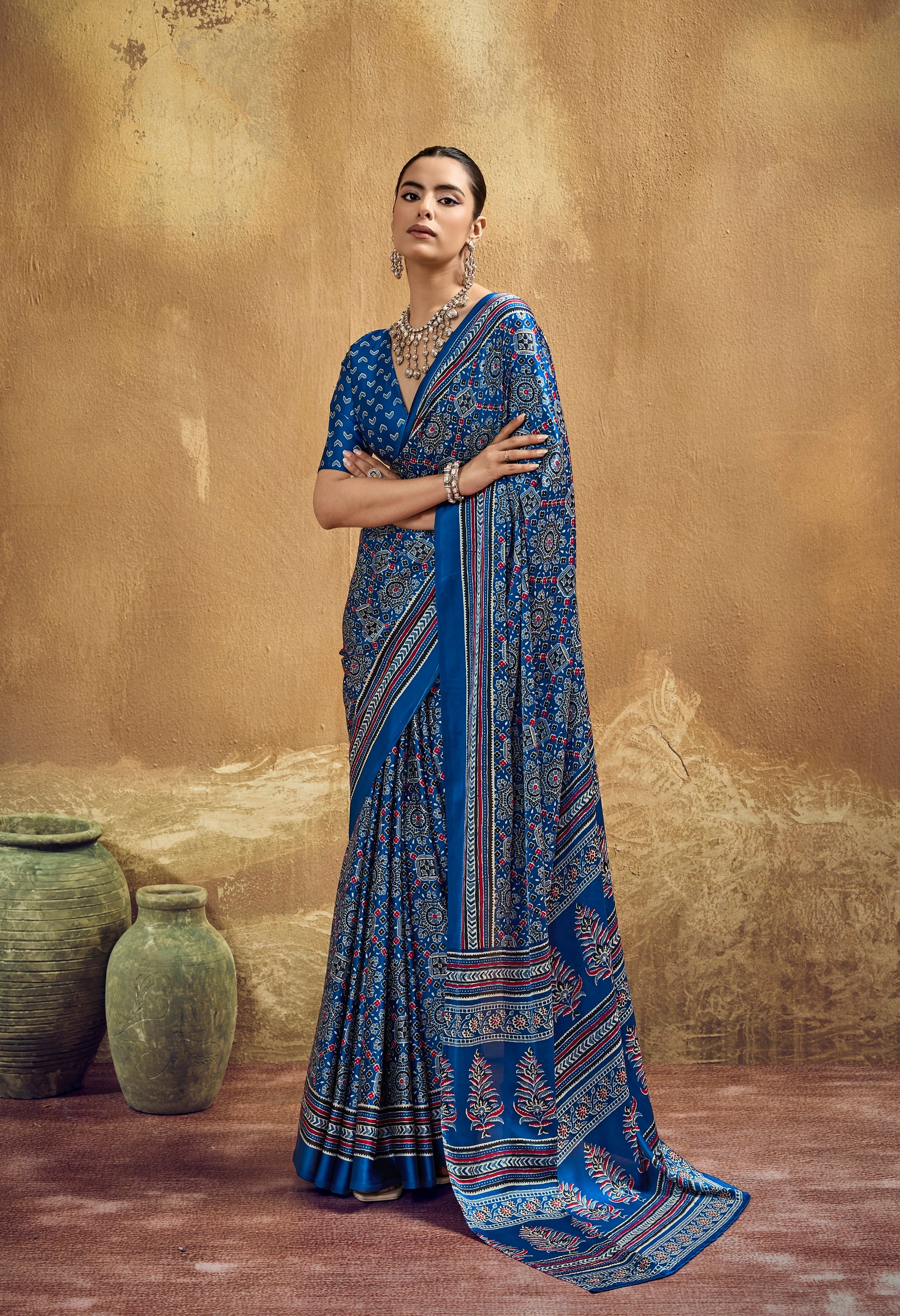 Dark Blue Modal Satin Ready To Wear/Easy Saree - Panaash Saree