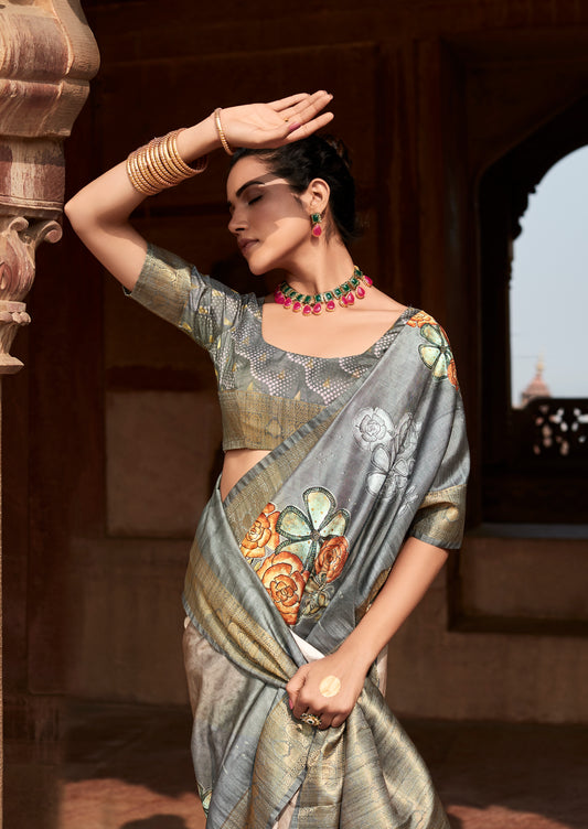 Grey Printed Soft Silk Readymade/Easy Saree