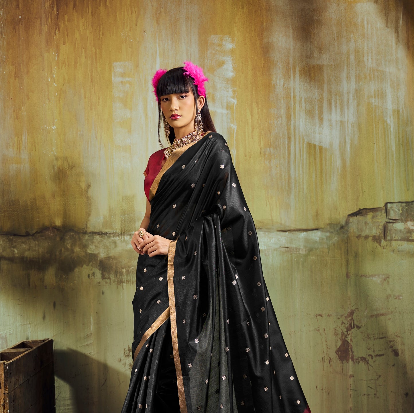 Black Munga Silk Ready To Wear/Easy Saree