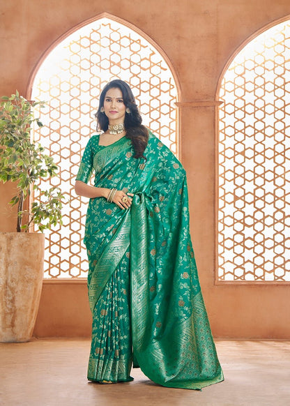 Green Color Banarasi Silk Readymade/Easy Fancy Saree