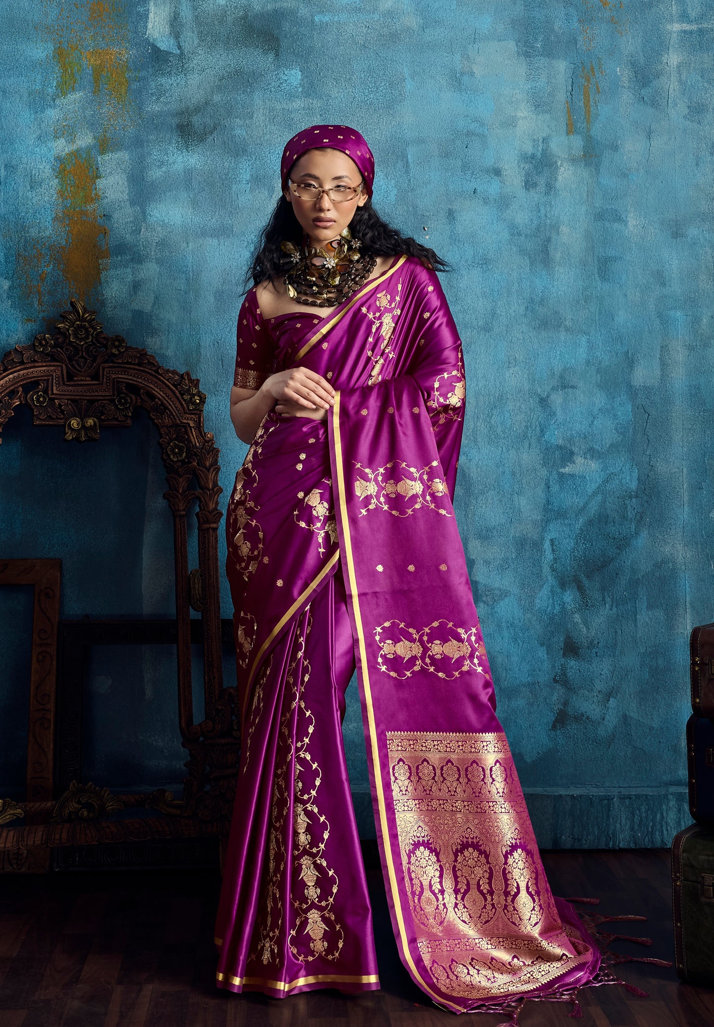 Magenta Satin Silk Ready To Wear/Easy Saree