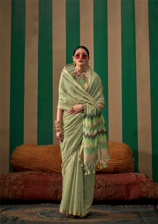 Green Color Spun Silk Readymade/Easy Saree