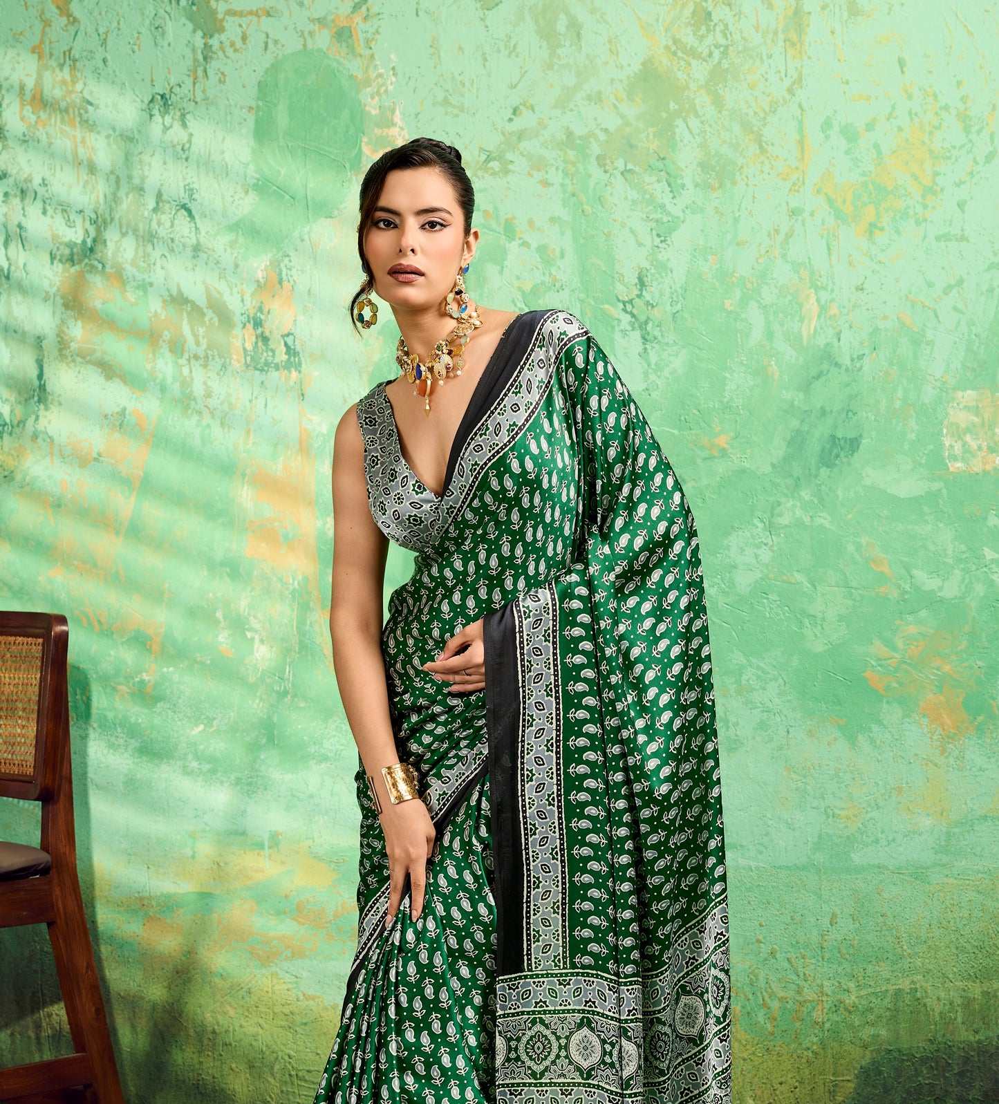 Green Modal Satin Office Wear Ready To Wear/Easy Saree - Panaash Saree