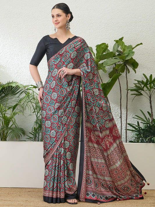 Full drape crepe silk saree with teal geometric pattern and maroon border