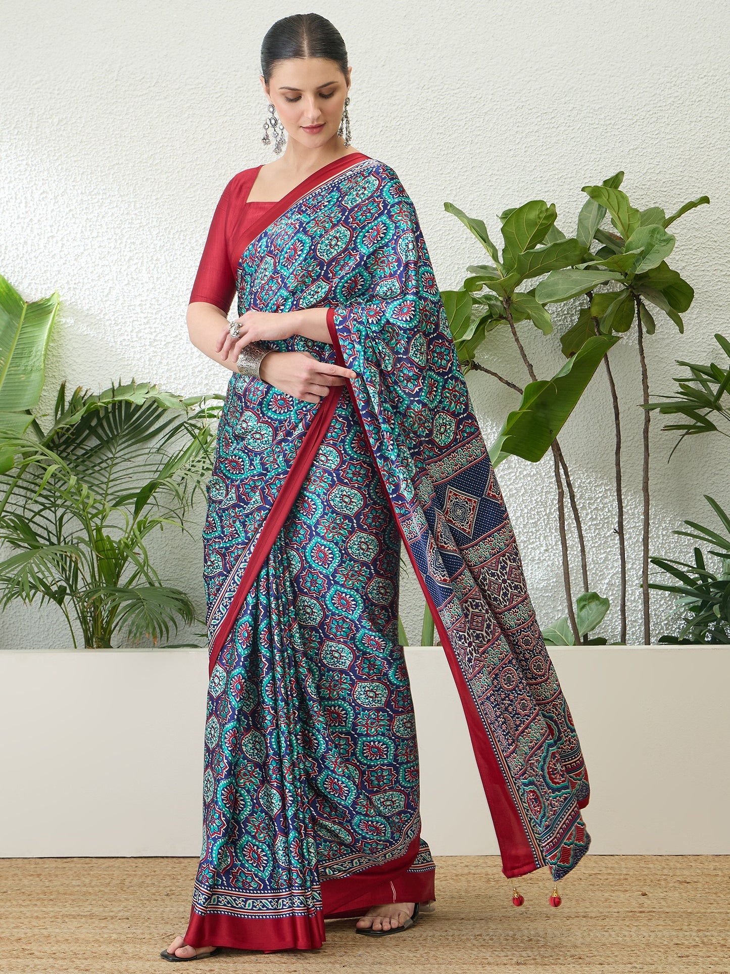 Turquoise Crepe Silk Ready To Wear/Easy Saree by Stylebypanaash 