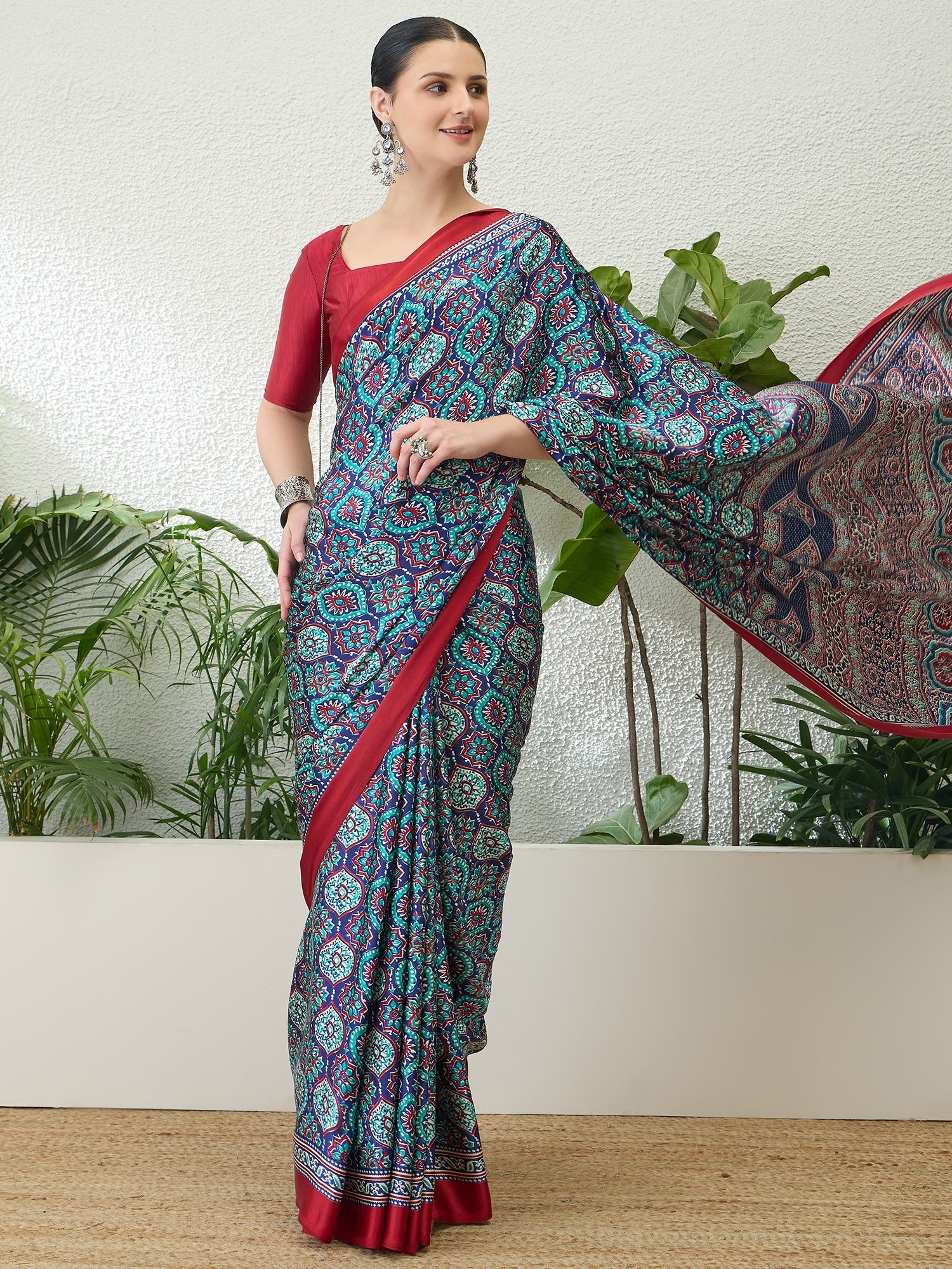 Turquoise Crepe Silk Ready To Wear/Easy Saree by Stylebypanaash 