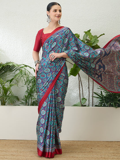 Turquoise Crepe Silk Ready To Wear/Easy Saree by Stylebypanaash 