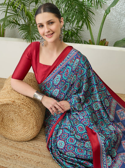 Turquoise Crepe Silk Ready To Wear/Easy Saree by Stylebypanaash 