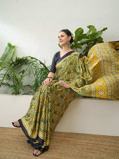 Mustard Yellow Crepe Silk Ready To Wear/Easy Saree by Stylebypanaash 